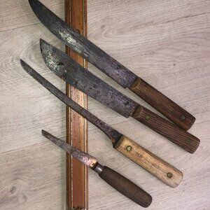 Vtg Assorted Knives & Magnetic Knife Board - Old Hickory, Forged Hi Carbon